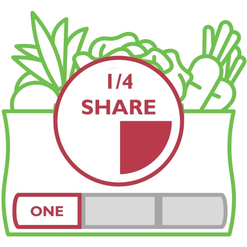 Product Description: A Quarter share picks up a Half Share's worth of produce every other week. It fits one adult well or households who don't want to pick up veggies every week.</br></br>AOne Seasonshareselectsbetween any 12-week season:</br></br>Spring (April 17- July 3)</br>Summer (July 10- September 25)</br>Fall (October 2- December 18). </br></br>Pickups are every Thursday from 12 - 7 pmat our Farmhouselocation. Shareholders can expect 8-12 items each week. 3-6items will be staple items,and 3-5 items will be chosen during our Market Style pick-up or via anonline form if Drive-Thru pick-up is preferred. We also partner with other local businesses to include bread and flowers with your order. In addition, our Caféis open every day during pick up. The Café sells prepared soups and deli sides alongside the share, and it runs a pop-up restaurant from 4-7 pm with wood-fired pizzas, soups, and salads from the farm.</br></br>Visit ourFarm pageor ourFarm Frequently Asked Questions pageforadditional information about selecting the right share for your household.</br> One Season Quarter Share