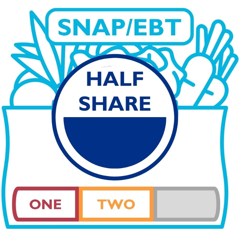 Product Description: Because of our partnership with Double Up Food Bucks EBT customers receive 50% of their total share price andonly pay$10weekly on their Bridge Card. When checking out with this product, you are committing to paying for your share weekly during the selected season.</br></br>A HalfShareis our midsizeshareand typically fits a household of twowell.</br></br>A TwoSeasonshareselectsbetween a combination of any two12-week seasons:</br></br>Spring (April 16- July 2)</br>Summer (July 9- September 24)</br>Fall (October 1- December 17). </br></br>Pickups are every Thursday from 12 - 6:30pmat our Farmhouselocation. Shareholders can expect 8-12 items each week. 3-6items will be staple items,and 3-5 items will be chosen during our Market Style pick-up or via anonline form if Drive-Thru pick-up is preferred. We also offer some items, like flower bouquets, for sale at pick-up. In addition, our Caféis open every day during pick up. The Café sells prepared soups and deli sides alongside the share, and it runs a pop-up restaurant from 4-7 pm with wood-fired pizzas, soups, and salads from the farm.</br></br>Visit ourFarm pageor ourFarm Frequently Asked Questions pageforadditional information about selecting the right share for your household.</br> EBT Two Season Half Share