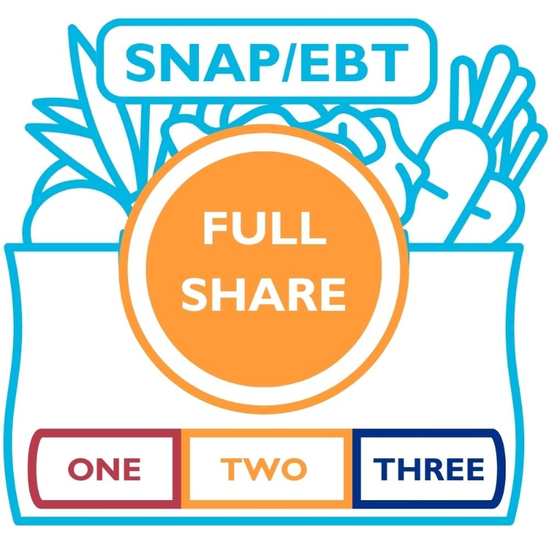 Product Description: Becauseof our partnership withDouble Up Food Bucks, EBT customersreceive 50% of their total share price andonly pay$16weekly on their Bridge Card. When checking out with this product, you are committing to paying for your share weekly during the selected season.</br></br>AFull Shareis our largest share size and typically fits a household of fourwell.</br></br>AThree Season Sharepicks up all 36weeks of veggies:</br></br>Spring (April 16- July 2)</br>Summer (July 9- September 24)</br>Fall (October 1- December 17).</br></br>Pickups are every Thursday from 12 - 7 pmat our Farmhouselocation. Shareholders can expect 8-12 items each week. 3-6items will be staple items,and 3-5 items will be chosen during our Market Style pick-up or via anonline form if Drive-Thru pick-up is preferred. We also offer some items, like flower bouquets, for sale at pick-up. In addition, our Caféis open every day during pick up. The Café sells prepared soups and deli sides alongside the share, and it runs a pop-up restaurant from 4-7 pm with wood-fired pizzas, soups, and salads from the farm.</br></br>Visit ourFarm pageor ourFarm Frequently Asked Questions page foradditional information about selecting the right share for your household.</br> EBT Three Season Full Share