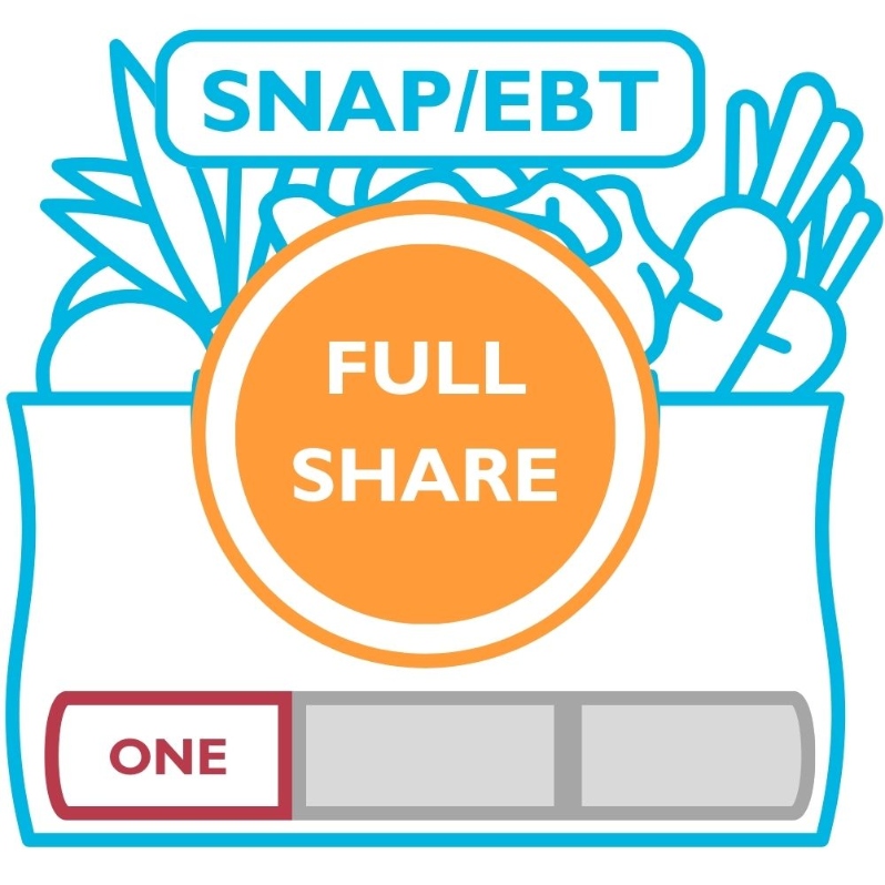 Product Description: Becauseof our partnership withDouble Up Food Bucks, EBT customersreceive 50% of their total share price andonly pay$16weekly on their Bridge Card. When checking out with this product, you are committing to paying for your share weekly during the selected season.</br></br>AFull Shareis our largest share size and typically fits a household of fourwell.</br></br>AOne Seasonshareselectsbetween any 12-week season:</br></br>Spring (April 16 - July 2)</br>Summer (July 9- September 24)</br>Fall (October 1- December 17).</br></br>Pickups are every Thursday from 12 - 6:30pmat ourFarmhouselocation. Shareholders can expect 8-12 items each week. 3-6items will be staple items,and 3-5 items will be chosen during our Market Style pick up or via anonline form if Drive-Thru pick up is chosen. We also offer some items, like flower bouquets, for sale at pick-up. In addition, our Caféis open every day during pick up. The Café sells prepared soups and deli sides alongside the share, and it runs a pop-up restaurant from 4-7 pm with wood-fired pizzas, soups, and salads from the farm.</br></br>Visit ourFarm pageor ourFarm Frequently Asked Questions pageforadditional information about how to select the right share for your household.</br> EBT One Season Full Share
